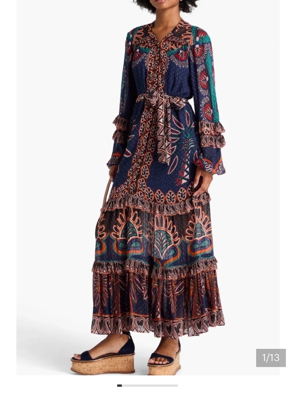 FARM Rio Anika Tapestry Tiered Navy Maxi Dress with Folk Print